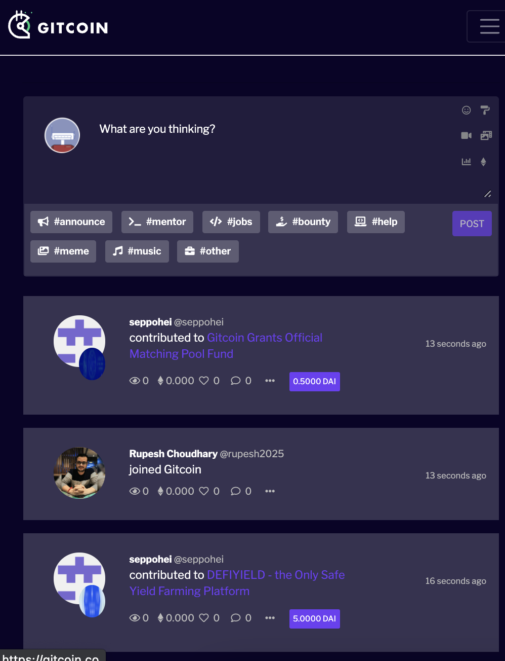 Gitcoin Townsquare activity feed